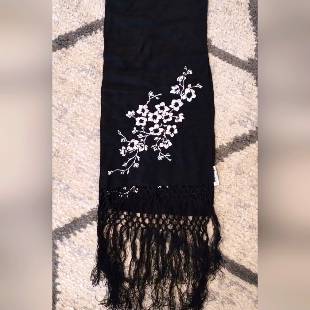 100% silk scarf with hand stitched white flower blossoms... BEAUTIFUL